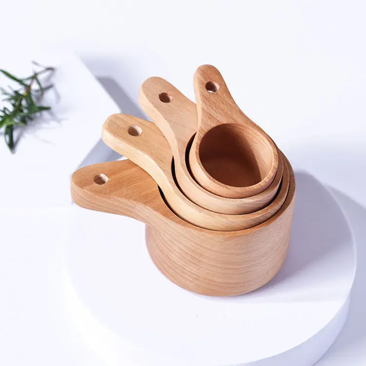 Customize Wholesale Natural Wood Measuring Spoons Cup Set Short Handle Wooden Coffee Tea Seasoning Spoons For Cooking Baking