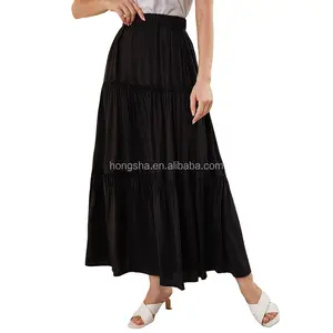 Summer Elastic Waist Ladies Flare Long Skirts Black A Line Maxi Skirt Frill Trim Long Skirts For Women Casual HSB9031