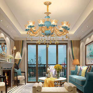 Lampadario di Lusso Blu Lago dal Design Europeo, Lampada in Ceramica e Cristallo per Hall di Hotel e Soggiorno - Product Image 4