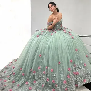 W-S1029A Mexico Girls Quinceanera Prom Dresses 3D Flower Appliques Ball Gown Junior Pageant Gown Beading Tassel Party Vestidos