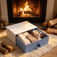 Caja de Regalo Azul Acogedora con Suéter Tejido, Guantes, Taza de Cacao, Piñas y Chimenea, Empaque al por Mayor, Set de Regalo Plegable para las Fiestas