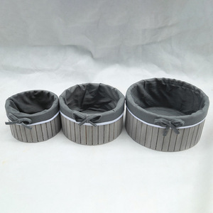 Round Wooden <b>Storage</b> <b>Boxes</b> Set 3Pc <b>Grey</b> Fabric Lined Desktop Organizer Standing Type - Product Image 1