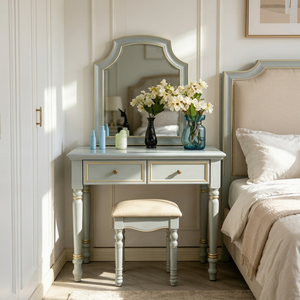 French Style Wood Makeup Vanity With Mirror Storage Drawers Bedroom Furniture - Product Image 1