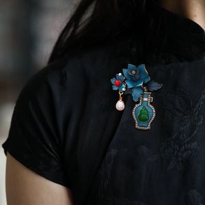 Broche en métal plaqué or vintage, style traditionnel antique, avec <span class=keywords><strong>gourde</strong></span> bleue, fleur et perle, pour femme, usage quotidien - Product Image 2