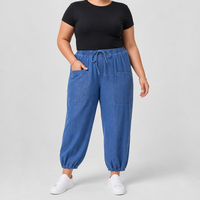 Pantalon de jogging en jean bleu pour femme grande taille, taille à cordon, poches plaquées, bas de jambe côtelé, taille US, OEM