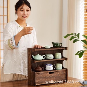 Support pour tasses à thé en bois massif de style chinois, étagère de présentation sur table, 42x15x38 Cm, pour rangement dans le salon - Product Image 1