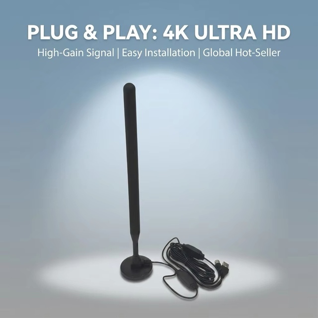 High Gain Indoor Digital TV Antenna 4K Ultra HD VHF UHF with USB Signal Amplifier & Strong Magnetic Base