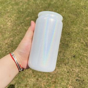 Holographic Shimmer White Glitter Blank Sublimation Can 16Oz Colored Glass <b>Cup</b> With Pp <b>Plastic</b> Lid and Straw - Product Image 4