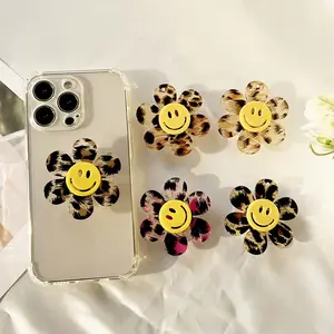 Presa per telefono trasparente con fiore acrilico di alta qualità supporto per telefono acrilico personalizzato con stampa leopardata sorriso fiore