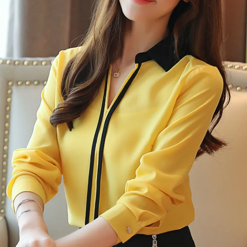 Grosir blus kuning baru blus Kantor kerah Turn Down untuk wanita blus sifon lengan panjang kemeja blus wanita