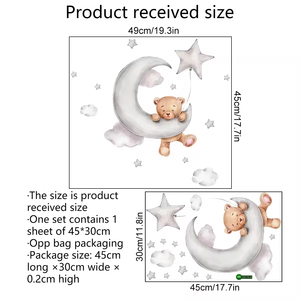 Adesivi Murali in PVC con Luna Cartoon e Orso Dormiente, Decorazioni con Nuvole e Stelle per Camerette e Asili, Arte Murale Rimovibile Fai-da-Te - Product Image 6