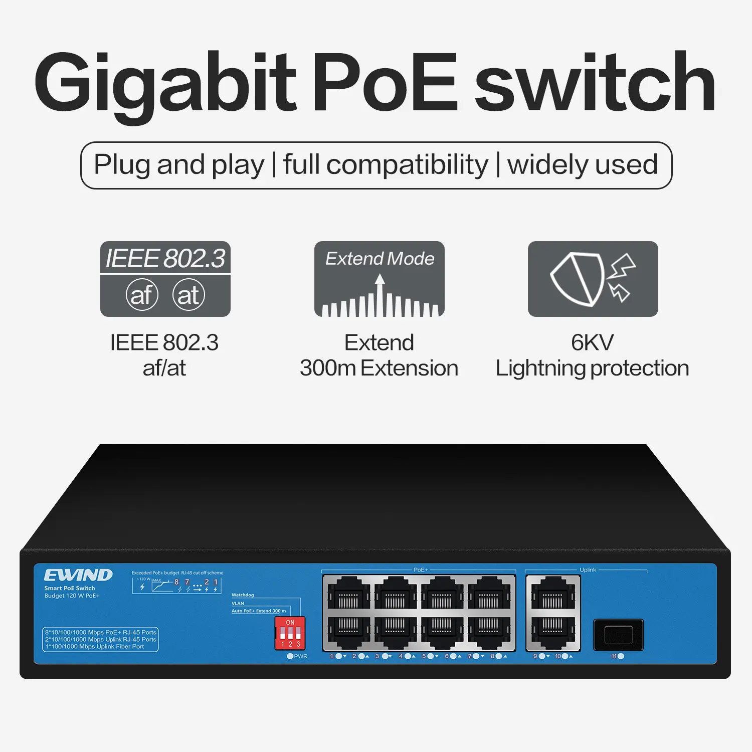 카메라 nvr 전화 연결을위한 1*1000M SFP 광섬유 포트 및 2 업 링크 포트가있는 8 포트 이더넷 지능형 스위치 스위치