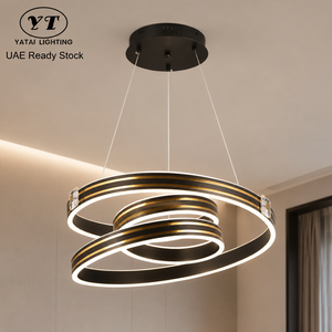 Lustre moderne à anneaux LED en métal noir et or 128W, trois couleurs, hauteur réglable, pour salle à manger intérieure, décoration intérieure - Product Image 1