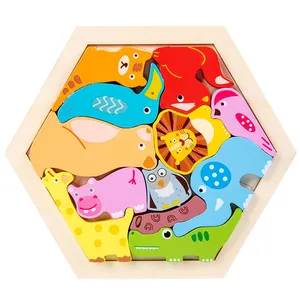Phim hoạt hình động vật trẻ em logic hình học Suy nghĩ giáo dục đồ chơi sáng tạo hình lục giác câu đố bằng gỗ