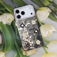 Coque de téléphone 3D Fleur & Camélia pour iPhone 7/8/X/11/12/13/14/15/16/17 Texture Ondulée Luxe avec Cadre d'Appareil Photo en Strass