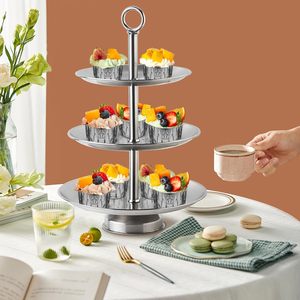 3-Tier bạc kim loại <span class=keywords><strong>cupcake</strong></span> đứng chủ bánh thép không gỉ phục vụ khay tháp Lò an toàn tái sử dụng cho các bên sinh nhật - Product Image 6
