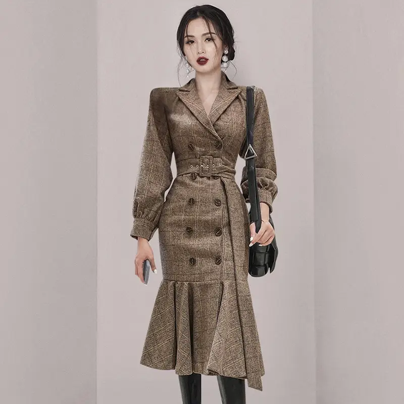2024 여름 새로운 자리 한국어 버전 패션 기질 세트 칼라 슬림 더블 브레스트 허리 울 피쉬 테일 코트 원피스