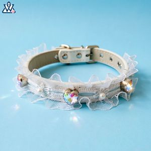Wangwuwu Lace Pet Collar With Heart Rhinestone For Small <b>Dogs</b> And Cats Elegant Jeweled Neck Collar White Color - Product Image 1