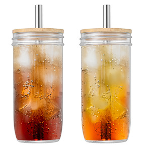 Botella de Vidrio Transparente Reutilizable para Beber, Taza de Café Helado con Pajita, Batido de Boca Ancha, Mason, Boba, Cerveza, Tapa de Bambú, 16oz - Product Image 5