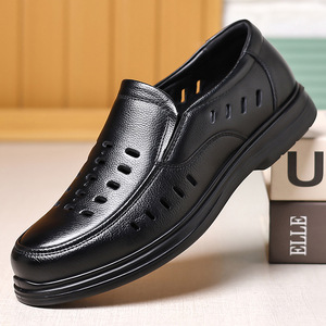 Sandalias de Verano para Hombre, de Cuero, Estilo Slip-On, Punta Redonda, Suela de Goma, Entresuela de EVA, Color Sólido, Zapatos Cómodos para Personas Mayores - Product Image 1