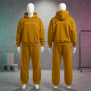 Survêtement unisexe à capuche imprimé couleur moutarde, longueur intégrale, en coton uni, décontracté, avec cordon de serrage et poches latérales, idéal pour l'été - Product Image 1