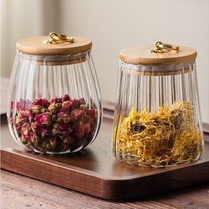 Pot en verre rayé avec couvercle en bambou, forme cylindrique, récipient de rangement pour grains de café et feuilles de thé - Product Image 2