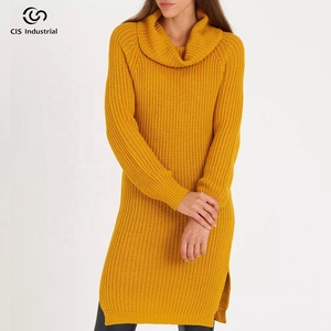 Robes décontractées Robe pull en tricot en laine et cachemire avec logo personnalisé pour femmes Robe pull ample à col roulé et fendue à l'ourlet des filles - Product Image 1