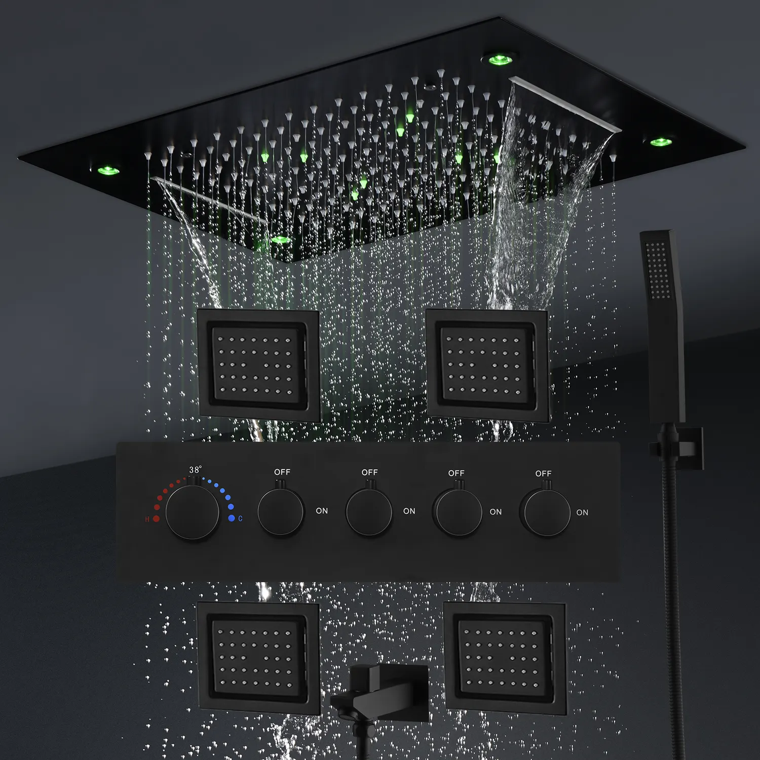 מט שחור LED מקלחת ראש פנל גשם מפל מקלחת מערכת סט לרוחב Jet עם תרמוסטטי מיקסר Valve Diverter