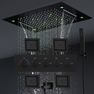 Mattschwarzes LED-Dusch kopf paneel Regenwasserfall-Dusch <span class=keywords><strong>system</strong></span> Set Seitens trahl mit Thermostat-Mischventil-Umsteller