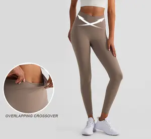 Leggings sportivi da donna OEM Fitness Cross Waist Quick Dry Workout pantaloni da Yoga a vita alta senza linea T
