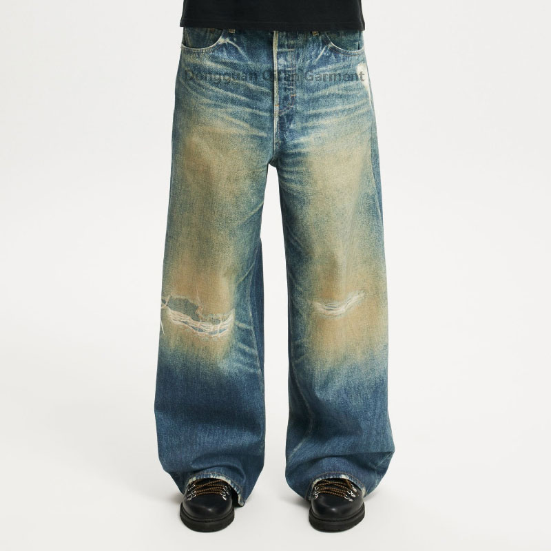 Heavily Ripped Jeans Vintage Wash Distressed Men