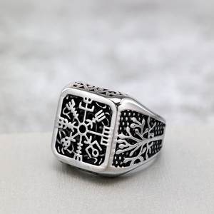Nordic Vintage Stainless Steel Men's <b>Ring</b> Hollow Tree Of Life Compass Design Hip Hop Style Gift Jewelry - Product Image 2
