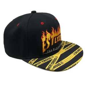 2024 New Arrival Flame Embroidered Brim Printed Hip Hop Snapback 6 Panel Flat Bill Caps Custom Logo Street Wear Mens Fashion Hat