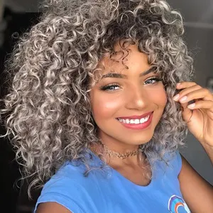 Vigorous Wholesale Mongolian Kinky Curly Hair Wig Synthetic Black Mixed Silver Color Afro Wigs for African Women