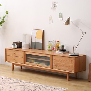 Ensemble de meuble TV et table basse en bois de cerisier massif de style nordique japonais, 2 pièces avec <span class=keywords><strong>portes</strong></span> coulissantes réglables pour salon - Product Image 1