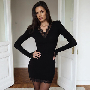 Vestido con cuello en V y ribete de encaje, cintura natural, corte ajustado, elegante para la noche - Product Image 1