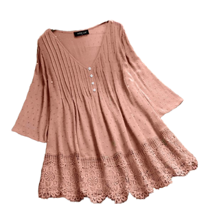 女式复古实心休闲棉亚麻衬衫大码<span class=keywords><strong>M</strong></span>-5XL v领短袖蕾丝装饰宽松上衣腮红 - Product Image 1