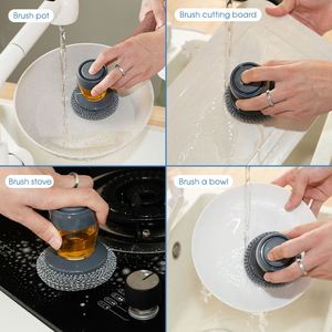 Kitchen Gadgets PET Soap Dispensing Palm <b>Scrub</b> Cleaning Brush Plastic Pot Scrubber Dish Brush With Soap Dispenser - Product Image 4