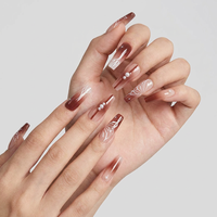 Faux ongles à presser forme cercueil effet ombré bordeaux, faits main, avec art 3D aile blanche perlée, finition brillante, réutilisables, en matériau ABS, pour usage professionnel, vente en gros