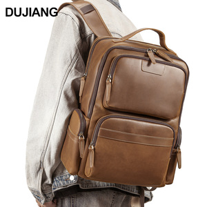 Dujiang Men's Genuine Leather <b>Backpack</b> 20L <b>Lightweight</b> Casual Travel Bag Solid Color Brown - Product Image 2
