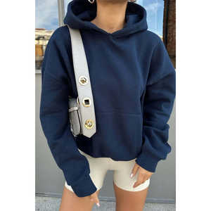 Sweat-shirt à capuche en soie bleu marine pour femme, coupe oversize, avec poche kangourou, motif brodé et imprimé, manteau d'hiver long doublé, fermeture éclair, taille XS - Product Image 2