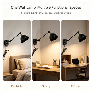 Lampada da Parete Nera Regolabile, <span class=keywords><strong>Applique</strong></span> Industriale con <span class=keywords><strong>Braccio</strong></span> Orientabile e Accenti Dorati per Camera da Letto, Studio, Ufficio - Product Image 5