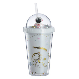 Astronaut Planet Cup Double Wall Plastic Straw Cup With Doll Cartoon Design Travel Water Bottle Two Piece Set - Product Image 5