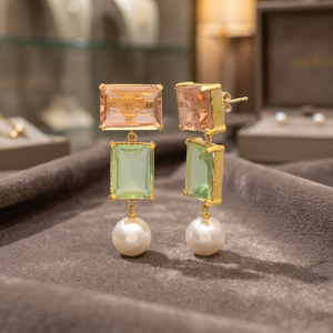 ต่างหูห้อยประดับพลอยอะเมทิสต์สีเขียวแชมเปญเคลือบทอง 14k และมุก พร้อมเงินแท้ 925 รุ่นใหม่ล่าสุด - Product Image 3