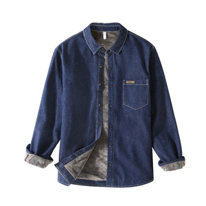 JM119 <span class=keywords><strong>camicia</strong></span> Casual in Denim da <span class=keywords><strong>uomo</strong></span> a manica lunga autunno e inverno con collo rovesciato <span class=keywords><strong>camicia</strong></span> calda foderata in pile blu scuro - Product Image 5