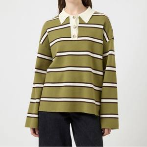 Casual <strong>Polo</strong> Women Sweater <strong>Lady</strong> Stripe <strong>Jumper</strong> Turn-down <strong>Neck</strong> for Spring - Product Image 3