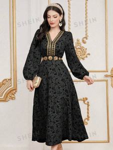 Telas tejidas de poliéster Floral Jacquard para hacer mujeres Patchwork Jacquard manga Floral A-line vestido ropa - Product Image 6