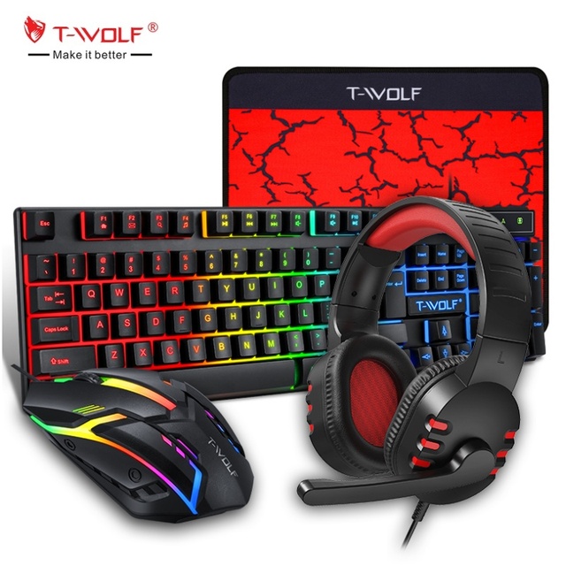 T-WOLF TF800 Wired 104 Keys Keyboard 4 in 1 Gaming Keyboard Mouse Headphone and Pad Kits Wired Keyboard Combos for Gamer Desktop