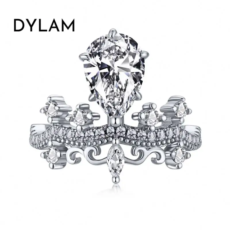 Dylam Luxury Crown Shape Royal Queen Wedding Bling fidanzamento vendita calda grande pietra CZ 5A argento s925 anello puro