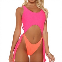 Baju Renang Wanita OEM Satu Potong Model Bodycon, Custom, Ketat, Leher Bulat, Pakaian Pantai Minimalis, Rumbai, Polos